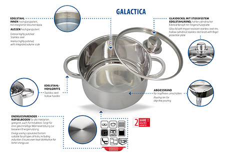 Topfset Galactica 15-teilig, Edelstahl, Glasdeckel