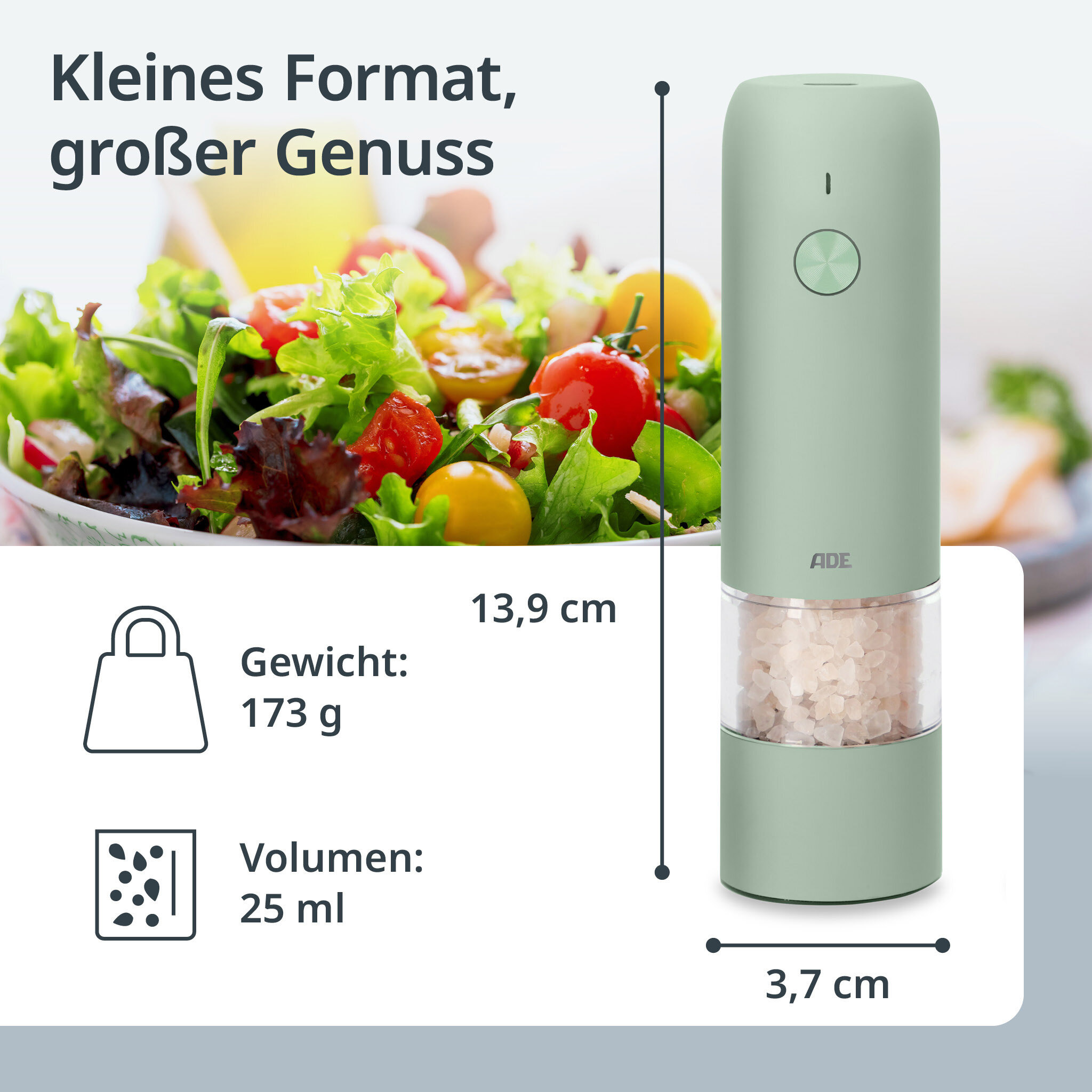 Elektrische Salz- und Pfeffermühle salbei, H 14cm