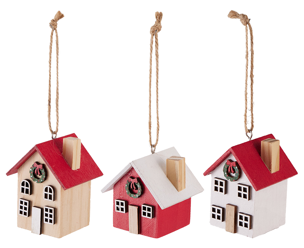 Hängedeko 3er Set, Holz-Haus groß, rot/weiß/natur