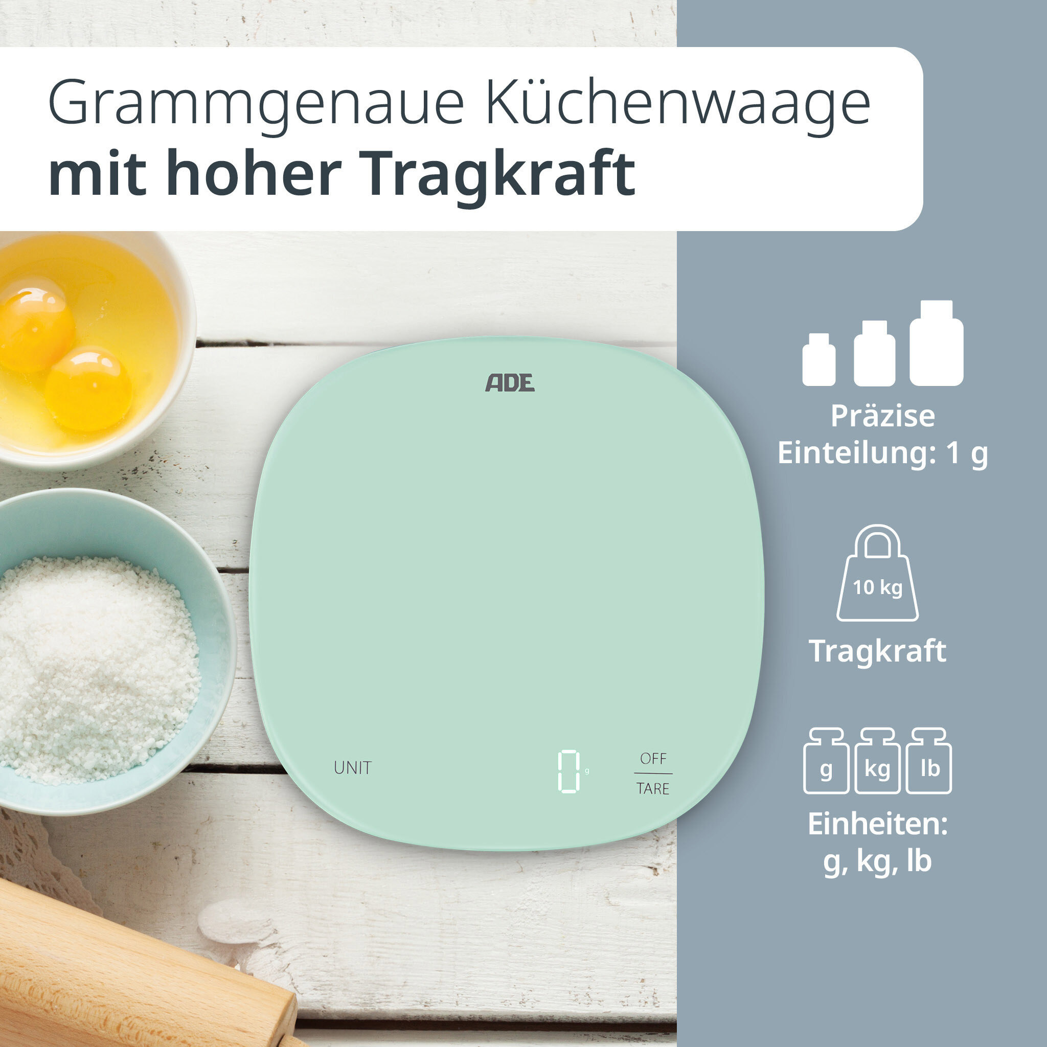 Glas-Küchenwaage Kyra, mint, Wiegebereich 10kg