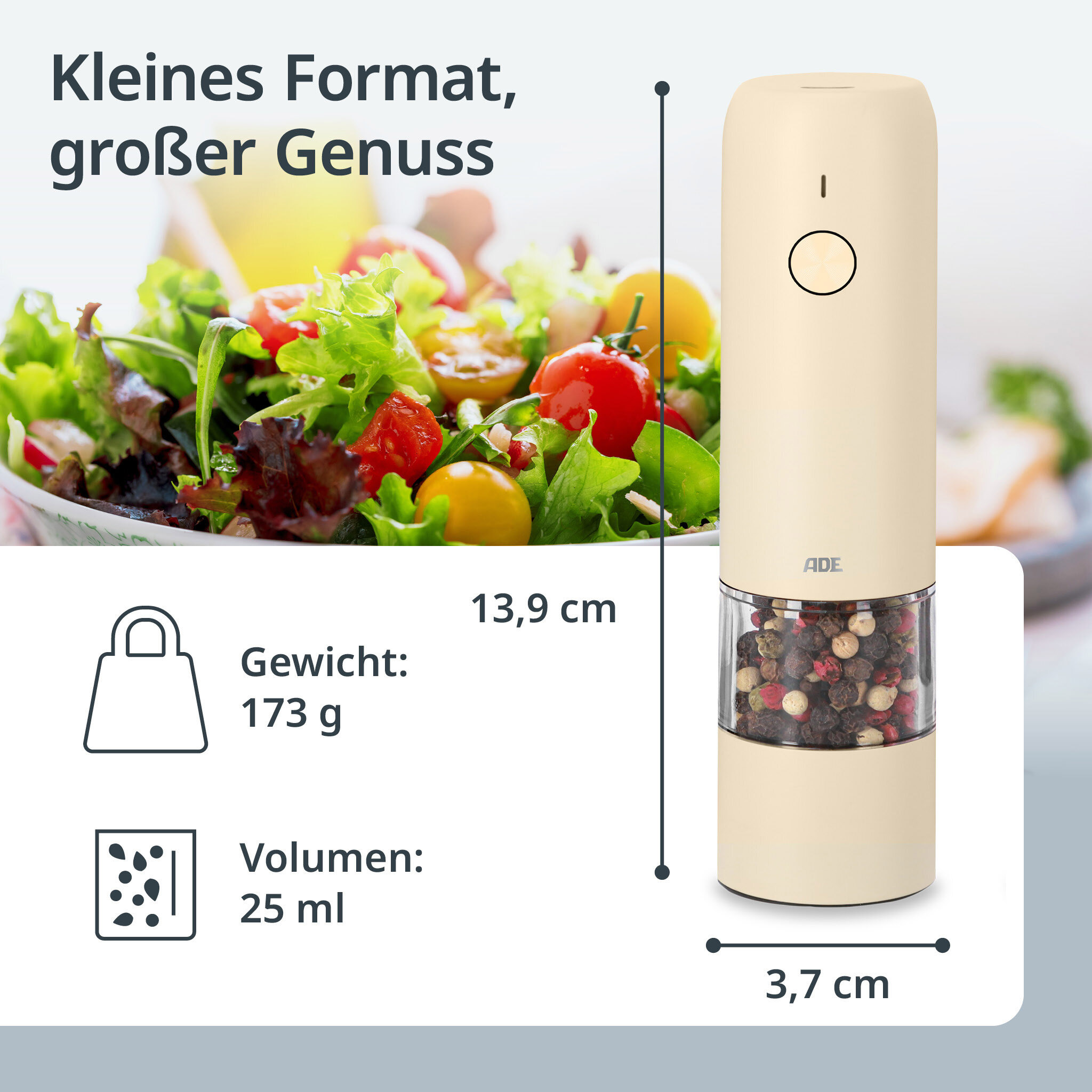 Elektrische Salz- und Pfeffermühle creme, H 14cm