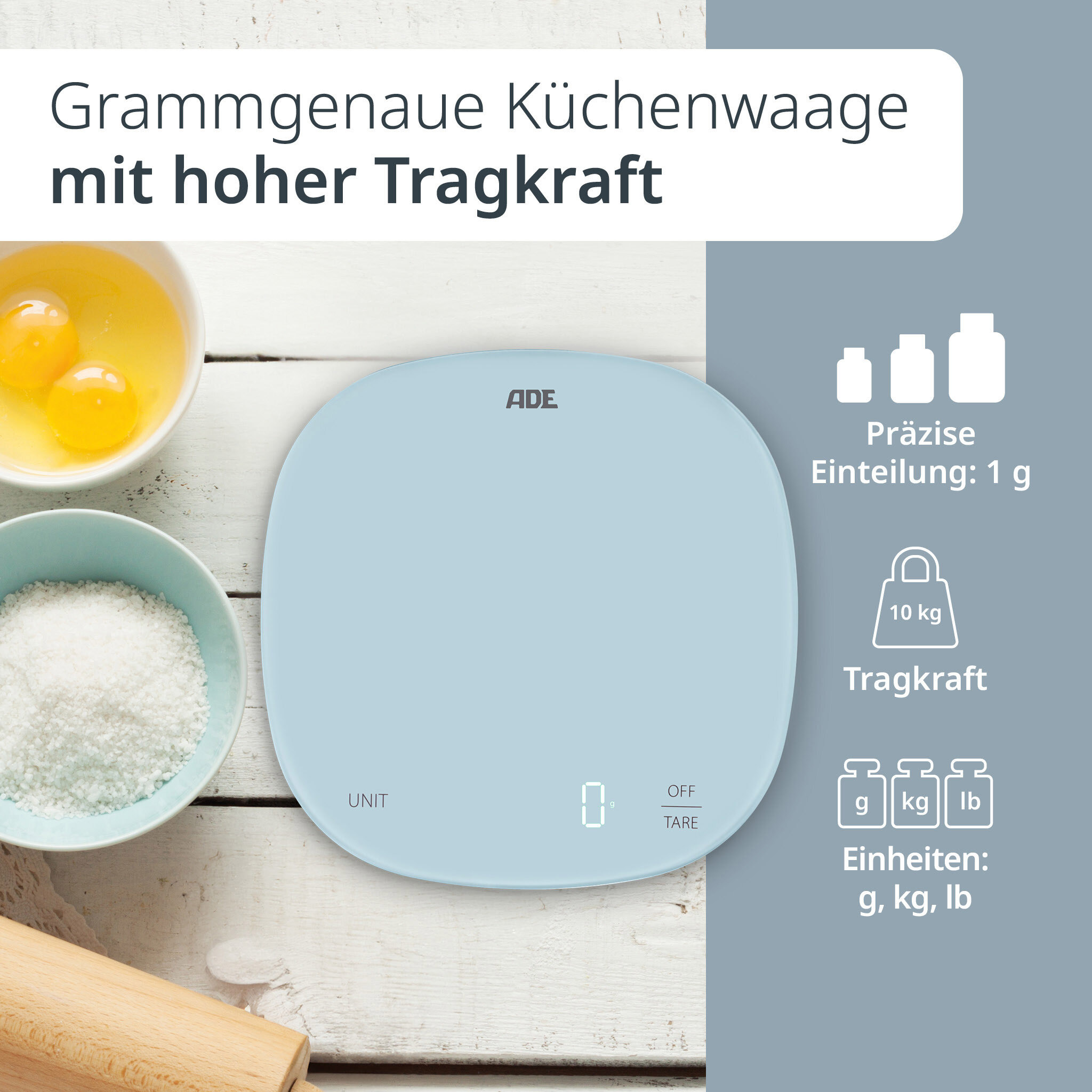 Glas-Küchenwaage Kyra hellblau Wiegebereich 10kg